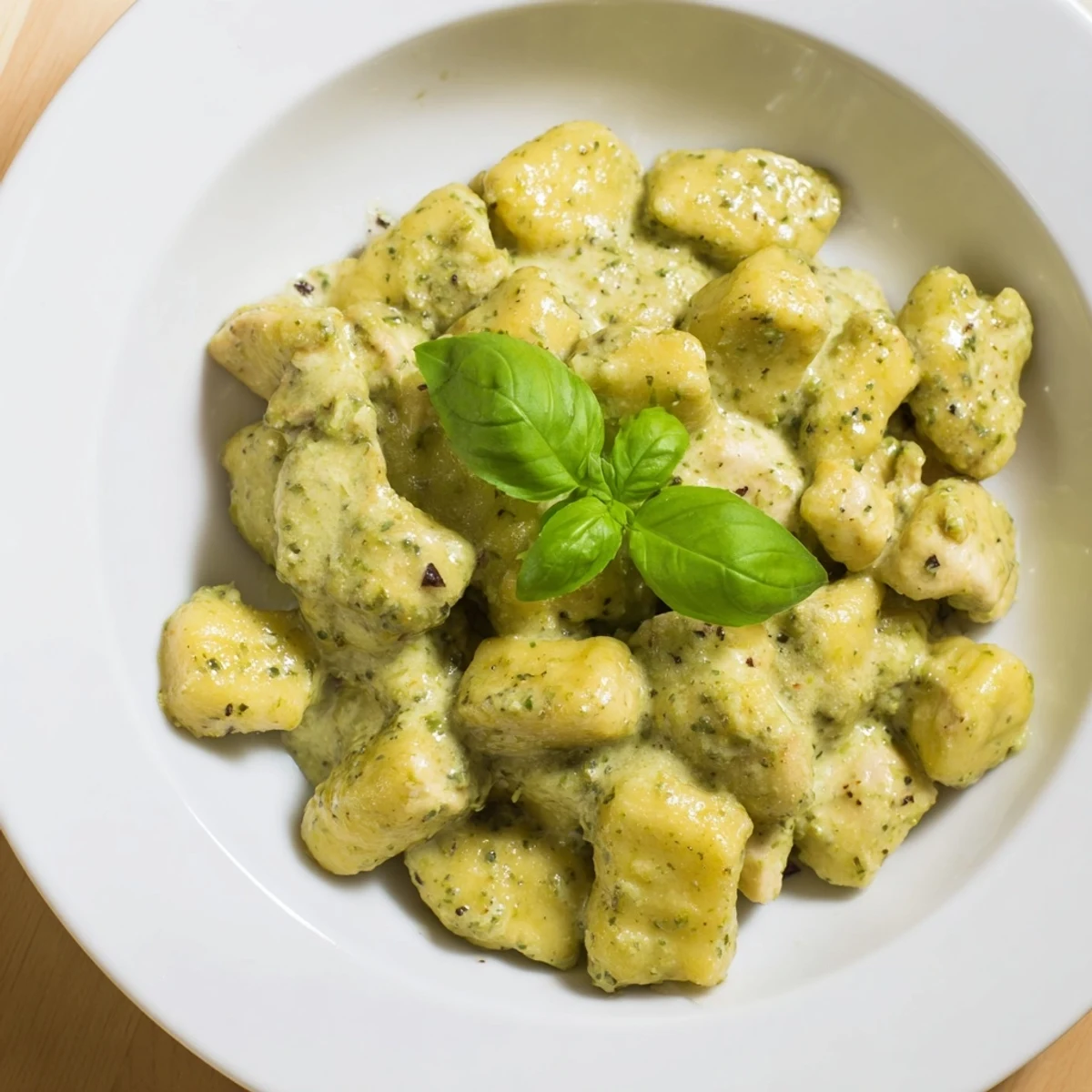 Golden pan-crisped gnocchi and juicy chicken bites are coated in a vibrant basil pesto cream sauce for a comforting Italian-inspired weeknight dinner.  