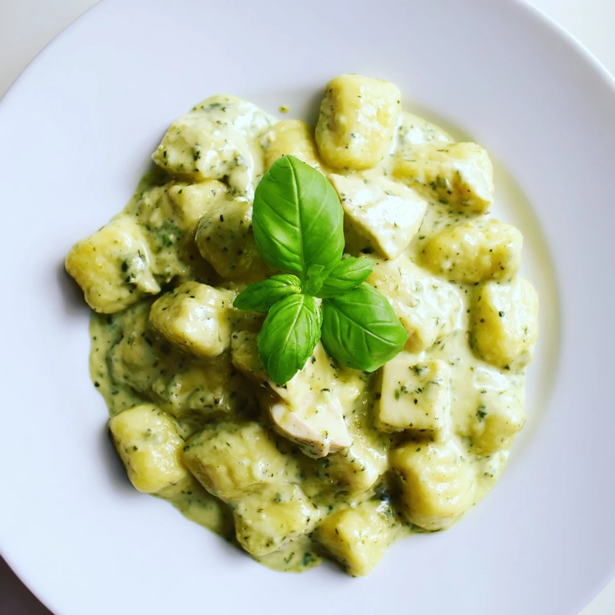 Serve Creamy Pesto Gnocchi with Chicken garnished with fresh basil and grated Parmesan alongside a glass of chilled Pinot Grigio.