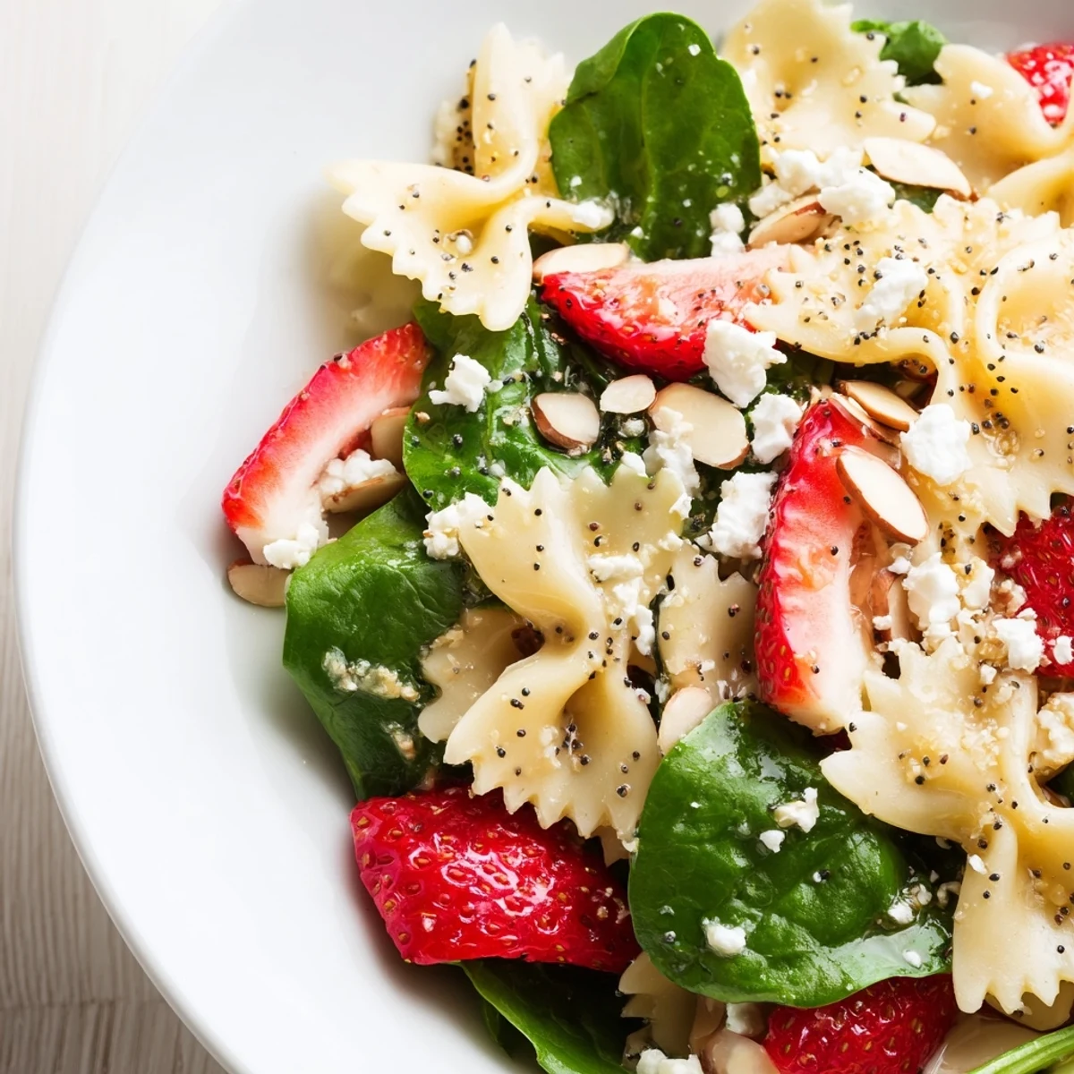 Fresh bow-tie pasta, tender baby spinach, and sweet sliced strawberries tossed in a tangy poppy seed dressing for a bright spring pasta salad.
