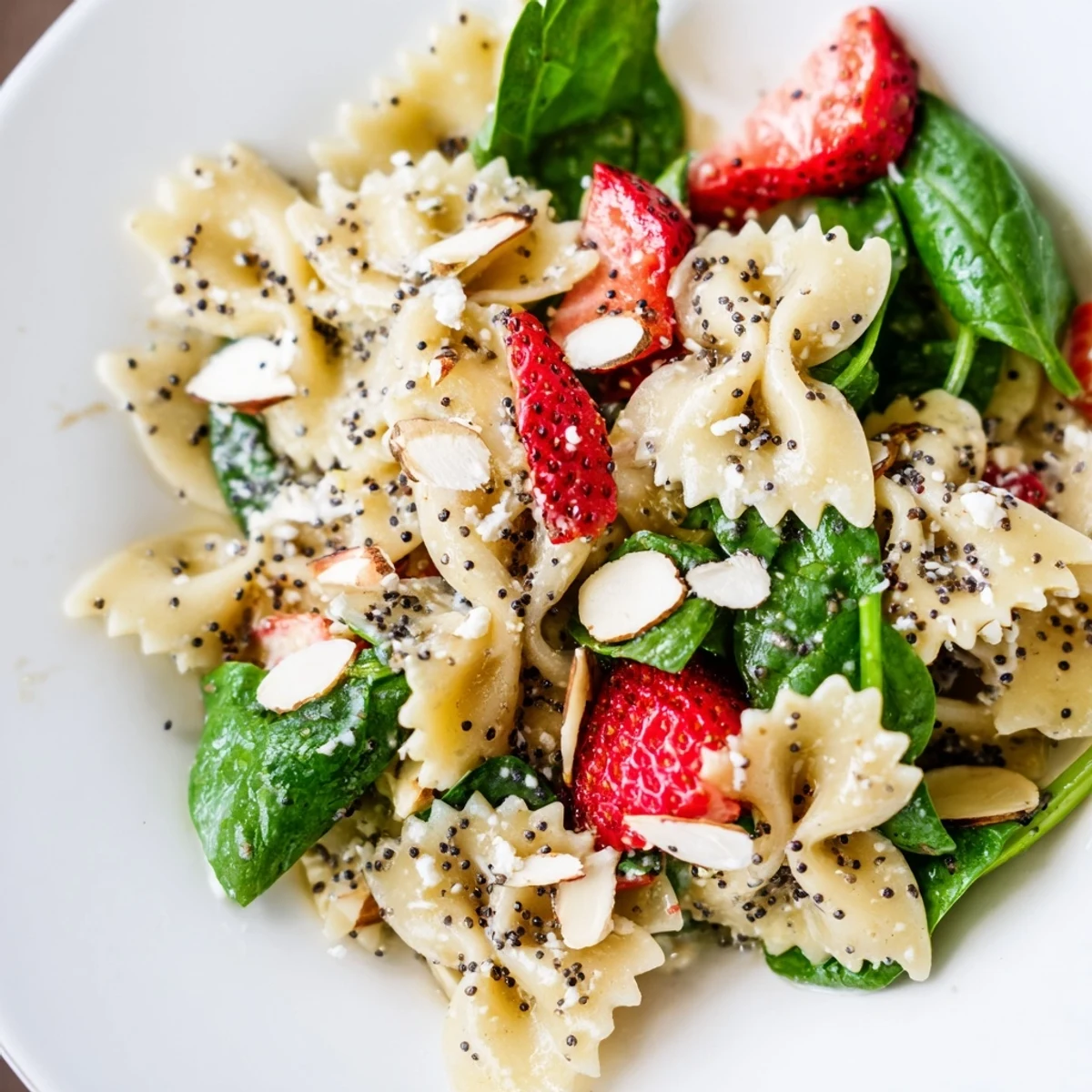 Colorful Spring Spinach Strawberry Pasta Salad bowl, perfect for summer picnics and served alongside a chilled glass of rosé wine.