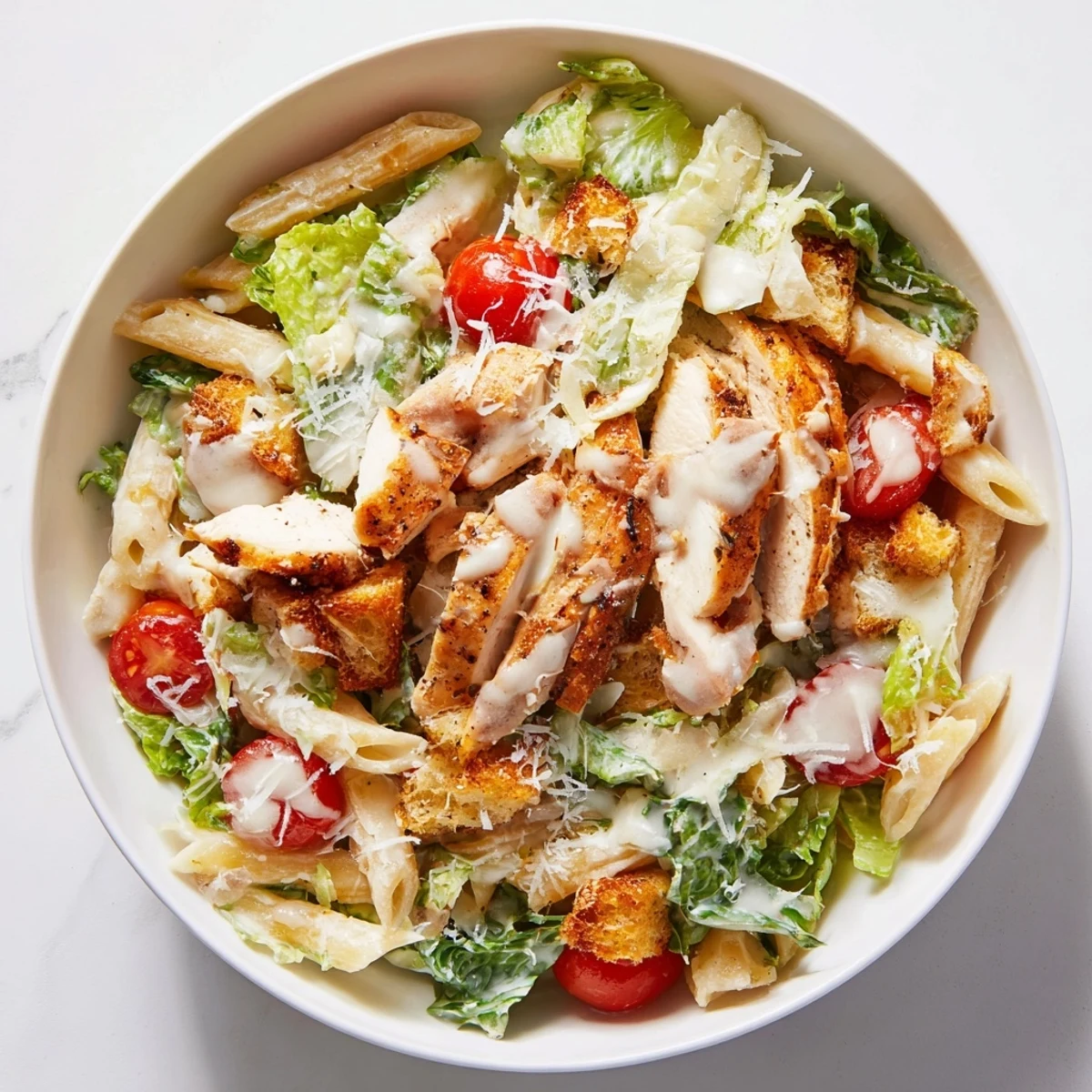 A vibrant Caesar Pasta Chicken Bowl with grilled chicken strips, al dente pasta, and crisp romaine tossed in creamy dressing.