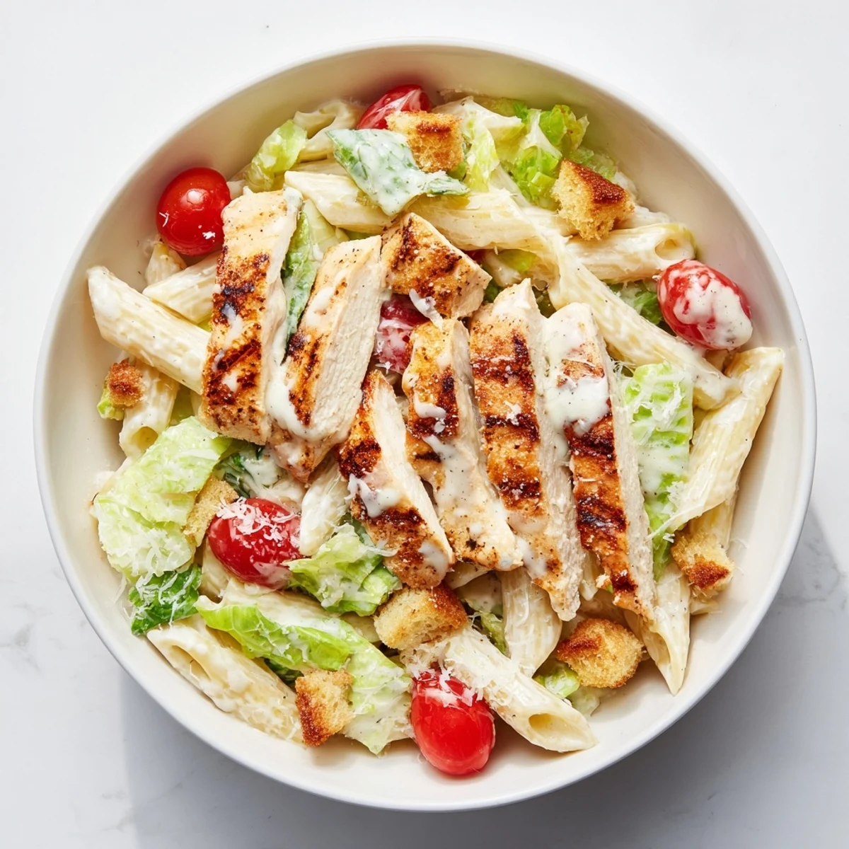 Close-up of Caesar Pasta Chicken Bowl topped with croutons and Parmesan, served warm for a hearty American-Italian dinner.