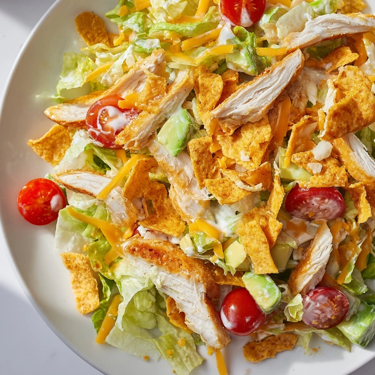 A close-up of crunchy taco chicken salad with seasoned chicken, black beans, corn, avocado, and crisp romaine, drizzled with creamy lime dressing.  