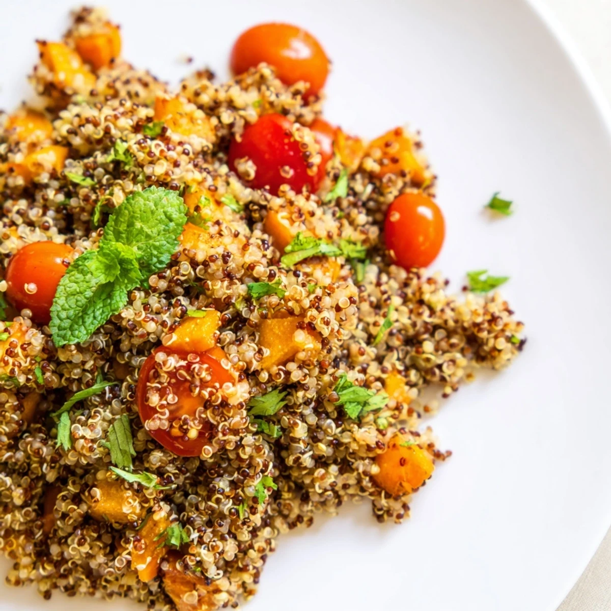 A vibrant bowl of Quinoa Vegetable Pilaf featuring fluffy quinoa mixed with roasted red bell peppers, zucchini, and cherry tomatoes.