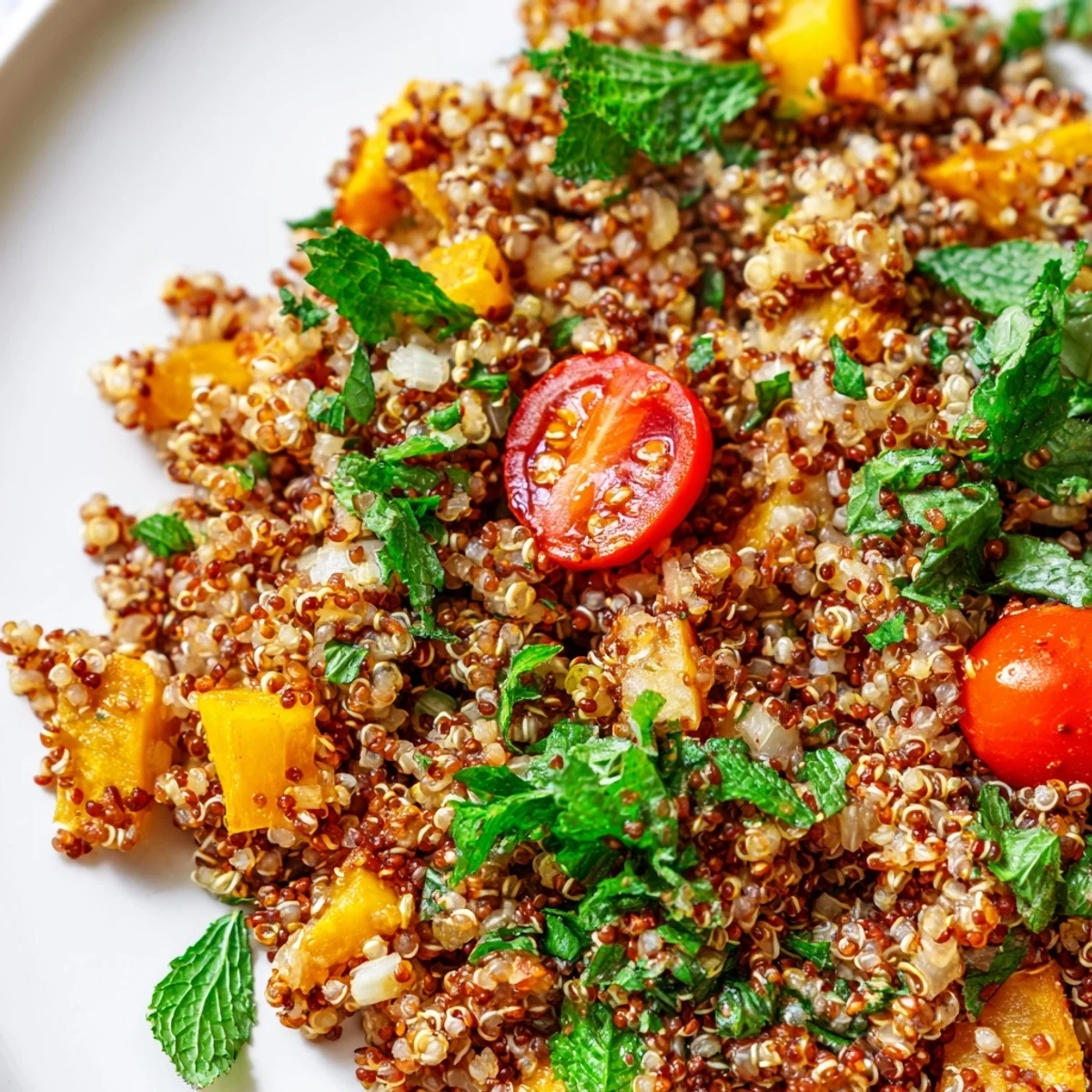 Ready-to-serve Quinoa Vegetable Pilaf in a white bowl, garnished with mint and lemon wedges beside a colorful vegetable medley.