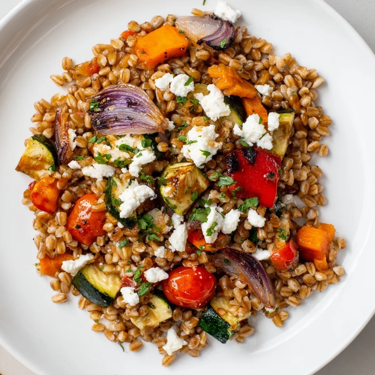Farro with roasted vegetables in a ceramic bowl garnished with fresh parsley and optional feta.  