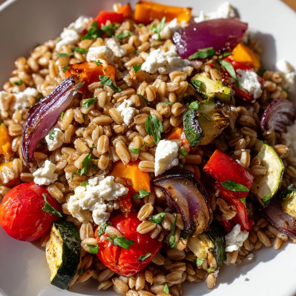 Hearty Mediterranean farro and roasted vegetables tossed in a balsamic vinaigrette.  