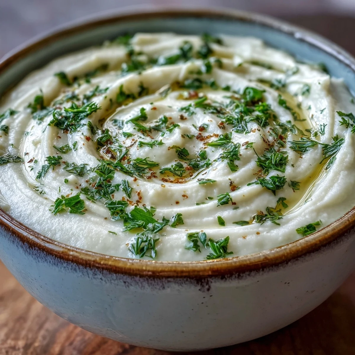 Creamy parsnip and herb soup, velvety smooth with vibrant fresh green herbs.