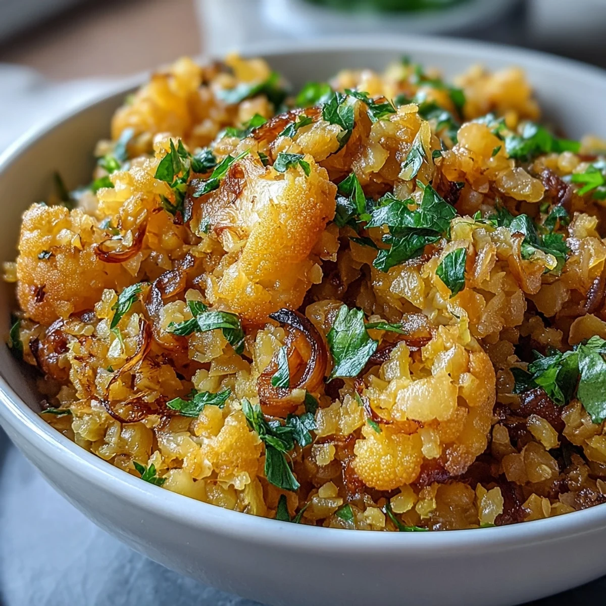 Golden turmeric cauliflower rice, a vibrant vegan side dish ready in twenty minutes.