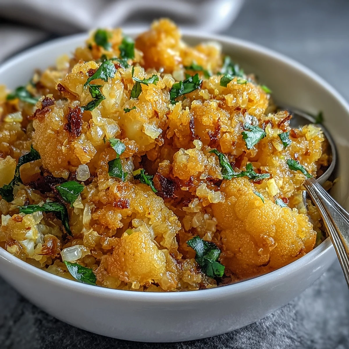 Delicious, fluffy turmeric cauliflower rice, perfectly seasoned and garnished with fresh cilantro.