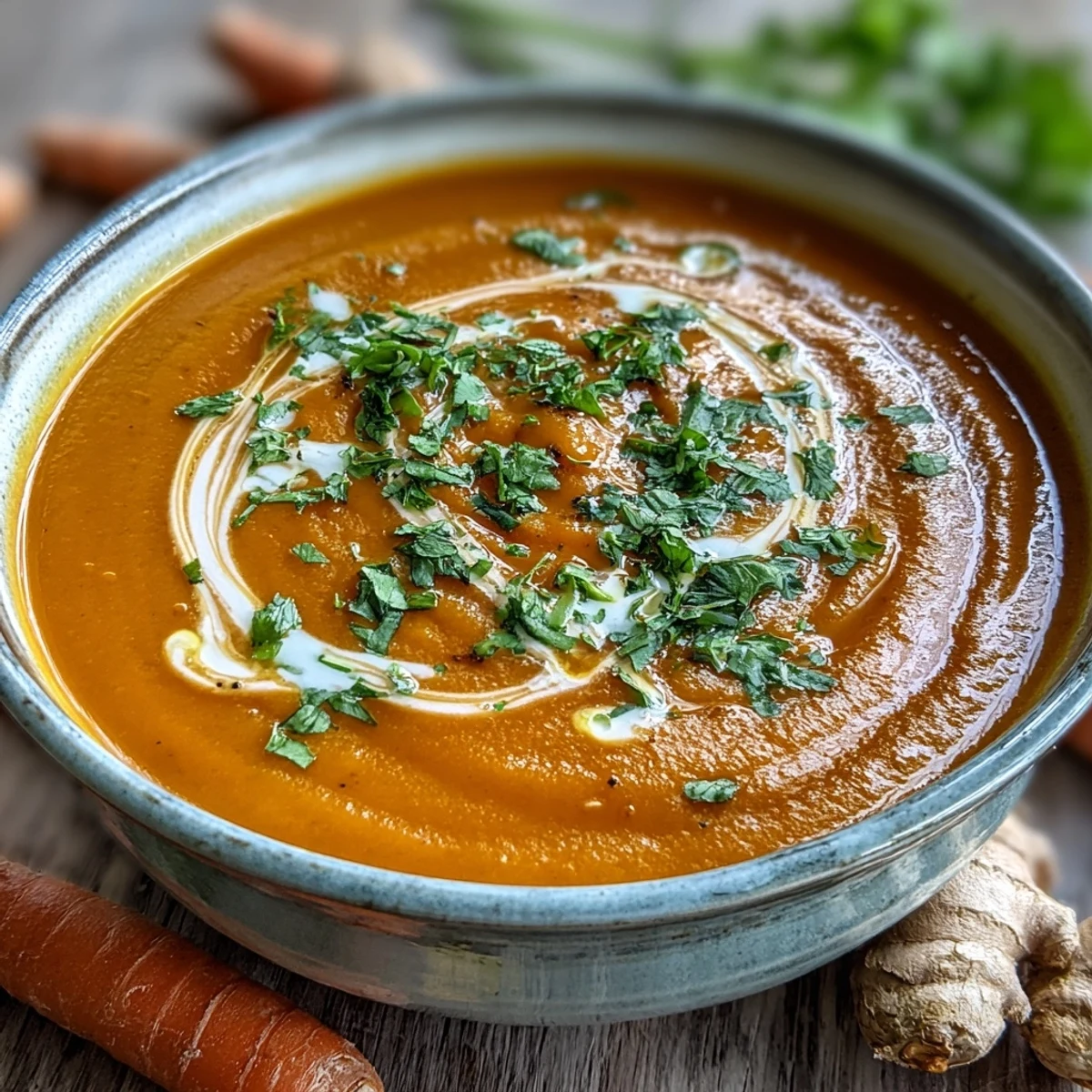 Vibrant Carrot Ginger Soup, smooth and bright, with fresh herbs on top.