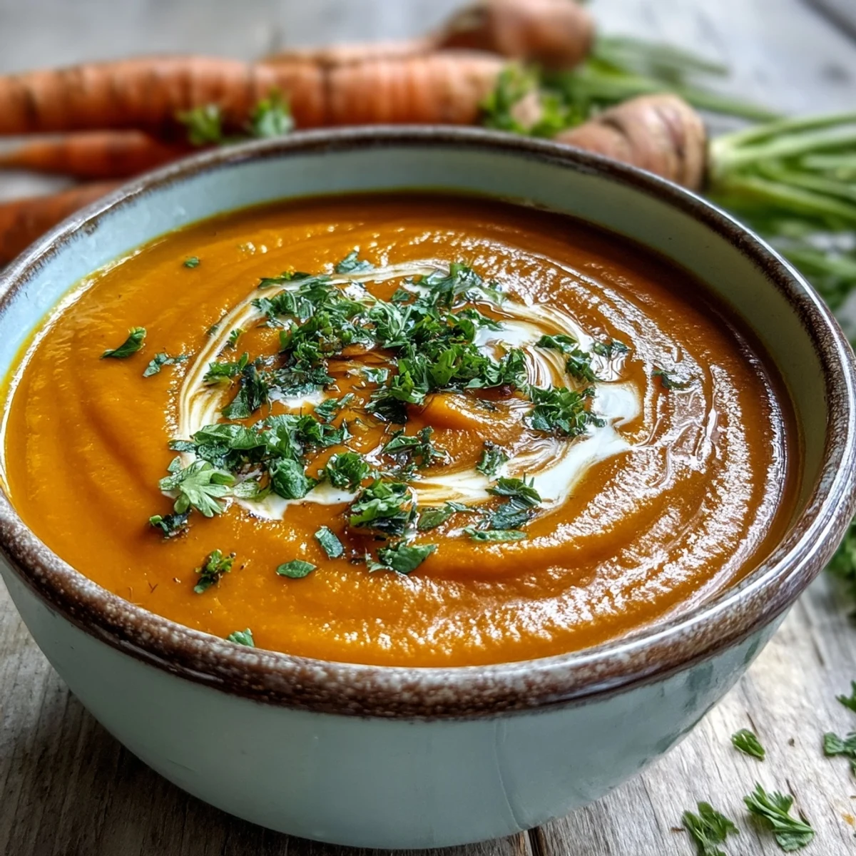 Easy Carrot Ginger Soup, garnished with green herbs and creamy swirl.