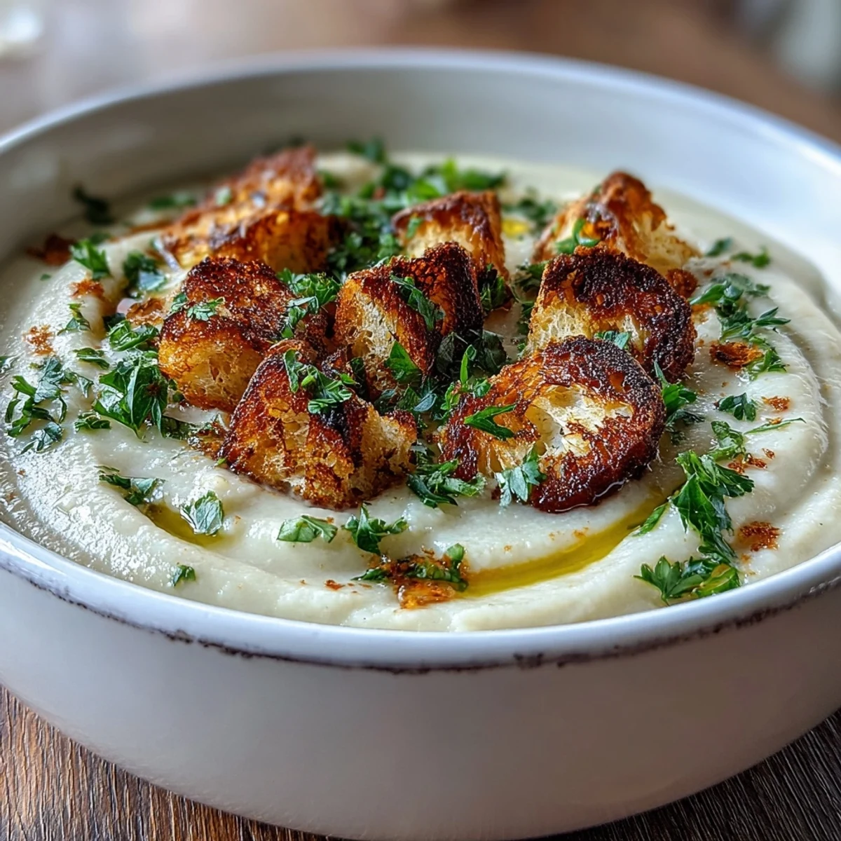 Hearty Roasted Garlic Soup, a warm, savory dish garnished with parsley.