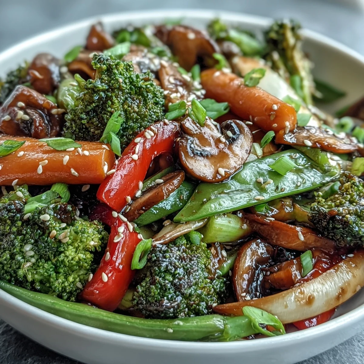 Close-up of ginger stir-fried vegetables, showcasing tender-crisp textures and aromatic appeal.