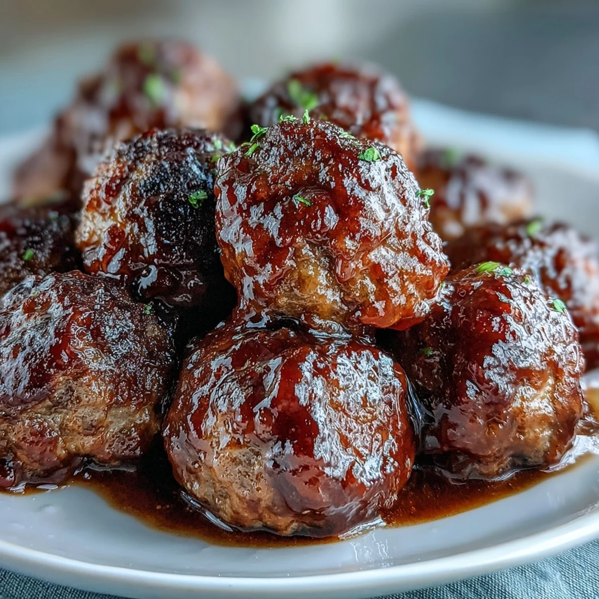 Slow Cooker Peach Glazed Meatballs glistening in sweet and tangy sauce, garnished with fresh thyme and ready to serve from the slow cooker.
