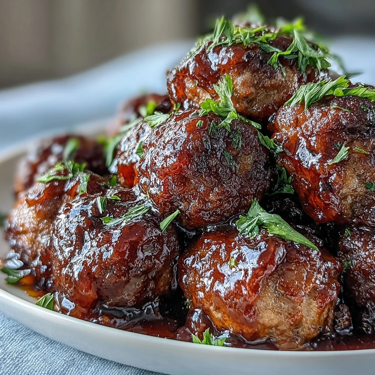 Fork-tender Slow Cooker Peach Glazed Meatballs piled high on a platter, with a spoon dipping into the rich, chunky peach glaze.