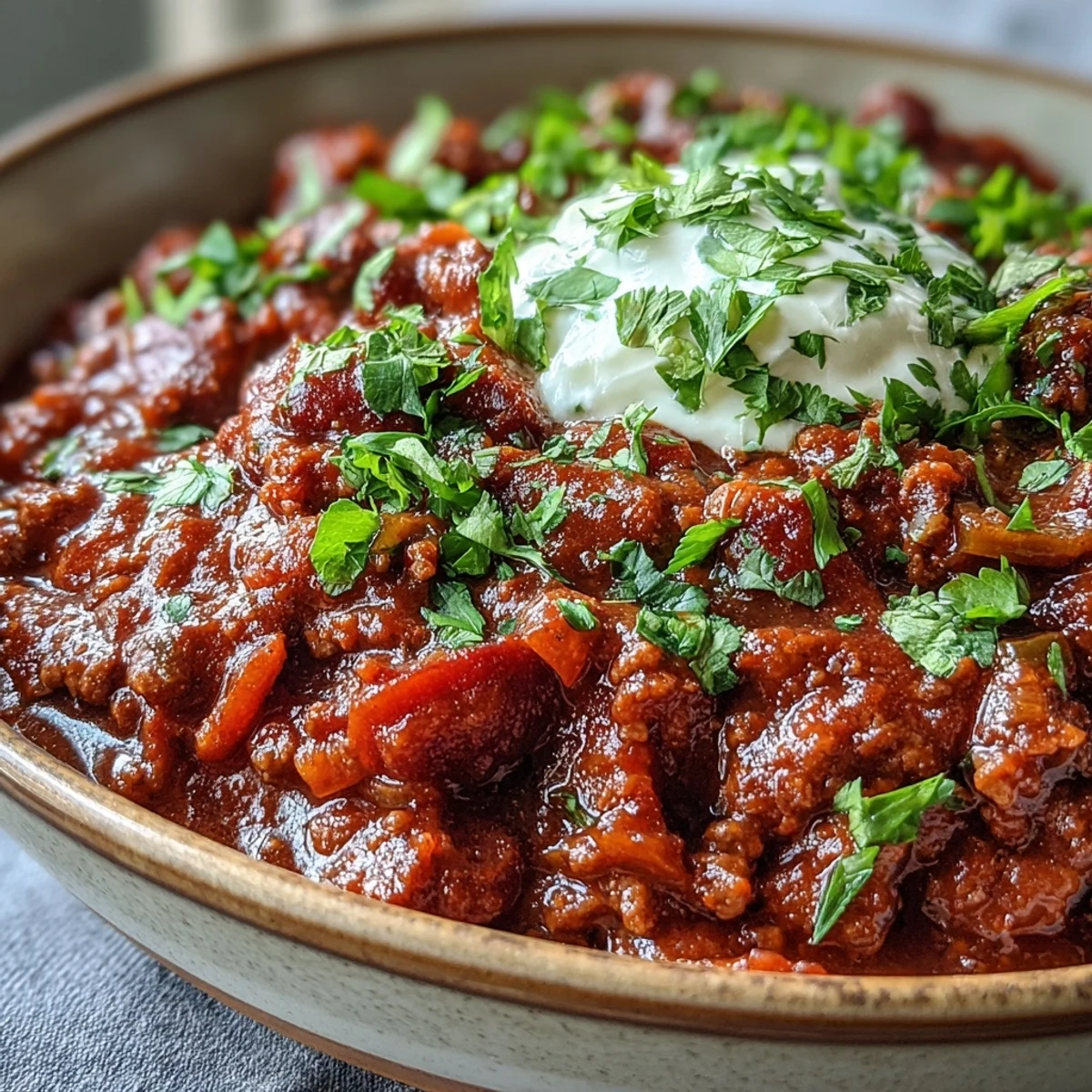 Steaming Slow Cooker Chili with ground beef and beans, served in a rustic bowl with toppings.