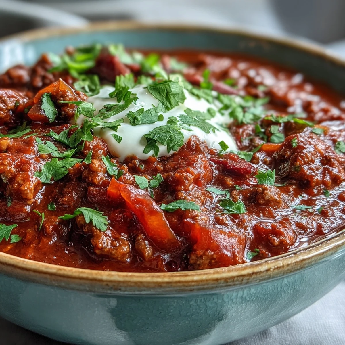 Hearty Slow Cooker Chili ladled into a bowl, garnished with cheese and green onions on a wooden table.