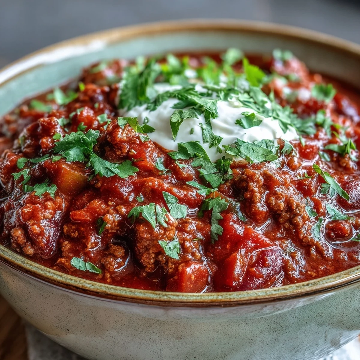 A ladle of Slow Cooker Chili over rice, with a slice of cornbread on a cozy dinner plate.