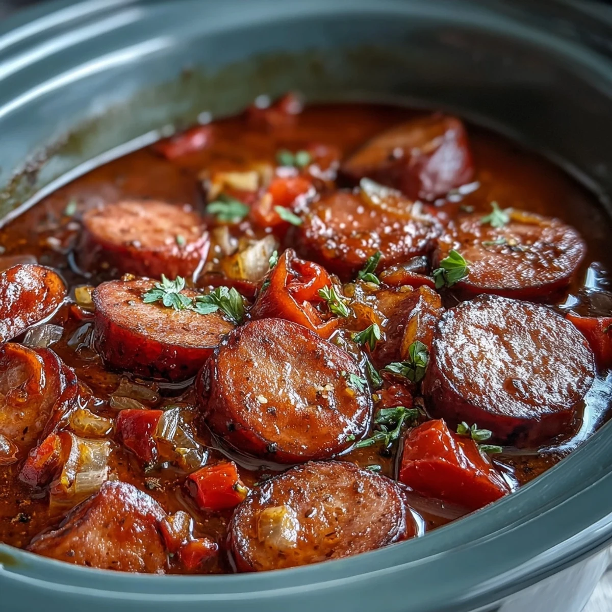 Thick and hearty Crock Pot BBQ Cocktail Sausage Soup in a crockpot insert, surrounded by fresh ingredients on a counter.