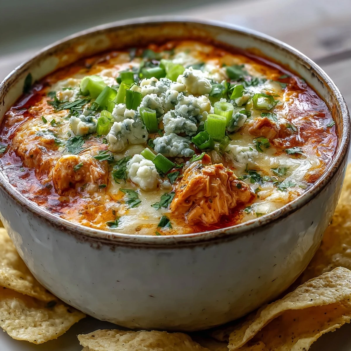 A ladle serves spicy Crock Pot Buffalo Chicken Dip Soup topped with green onions and blue cheese.
