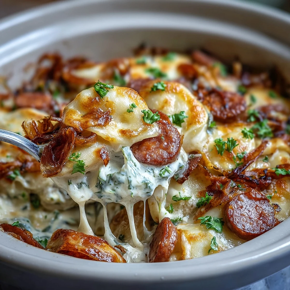 Crockpot Pierogi Casserole With Kielbasa steams in a slow cooker with bubbly cheese sauce and fresh chives.