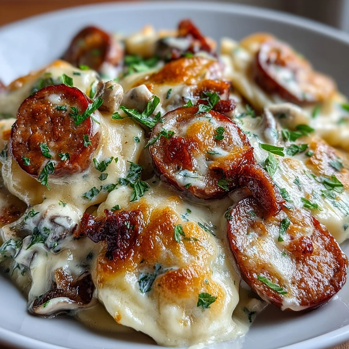 Layers of potato pierogi and sliced kielbasa bake in creamy sauce inside a slow cooker.