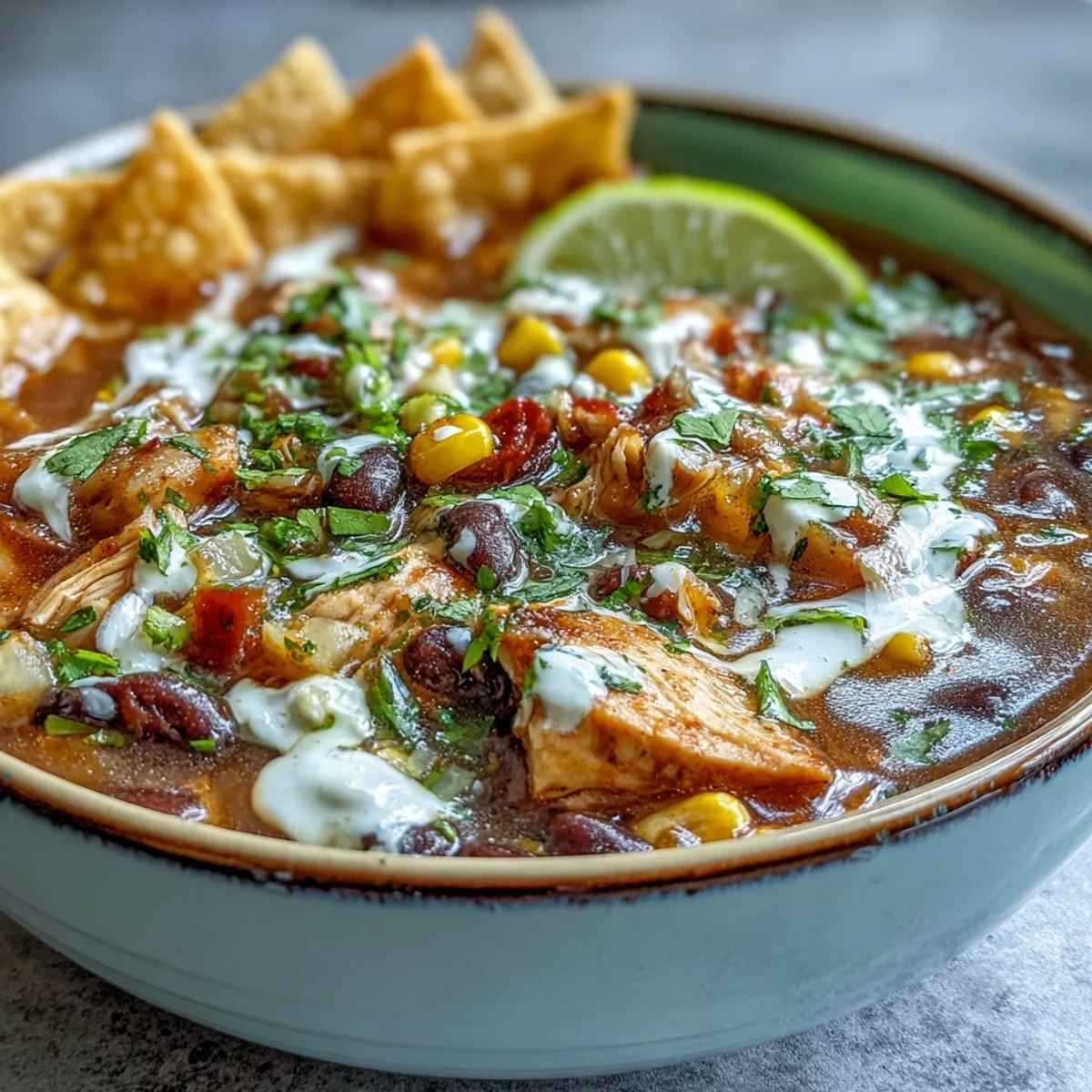 Instant Pot Chicken Tortilla Soup simmering with beans, corn, and shredded chicken for a comforting bowl.