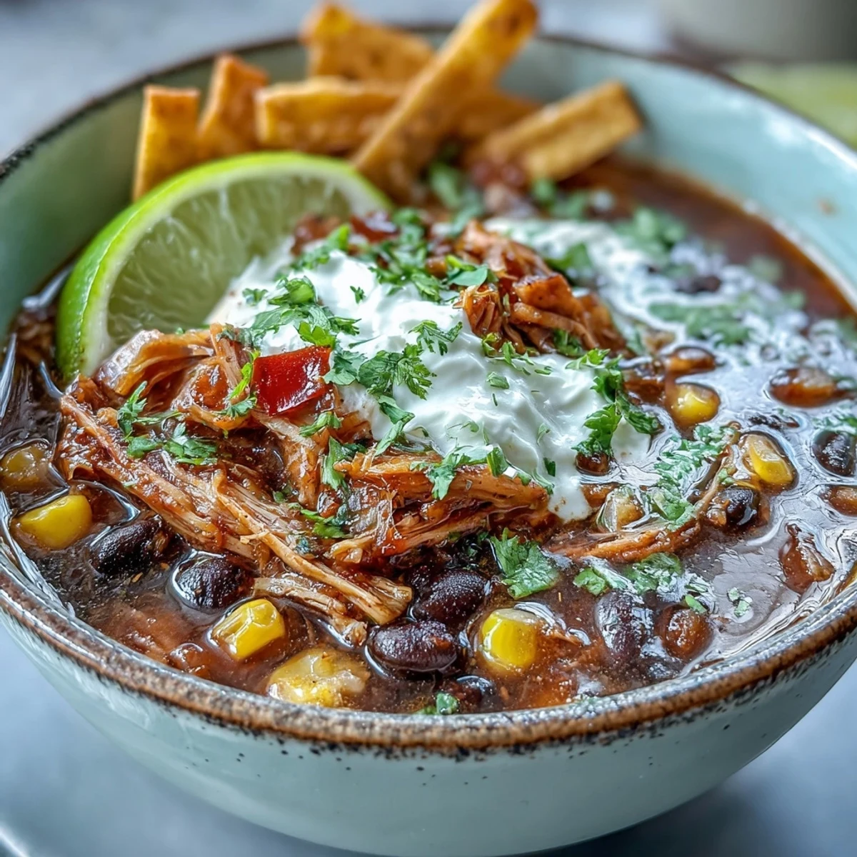 A bowl of Instant Pot Chicken Tortilla Soup topped with avocado, cilantro, and crispy tortilla strips.