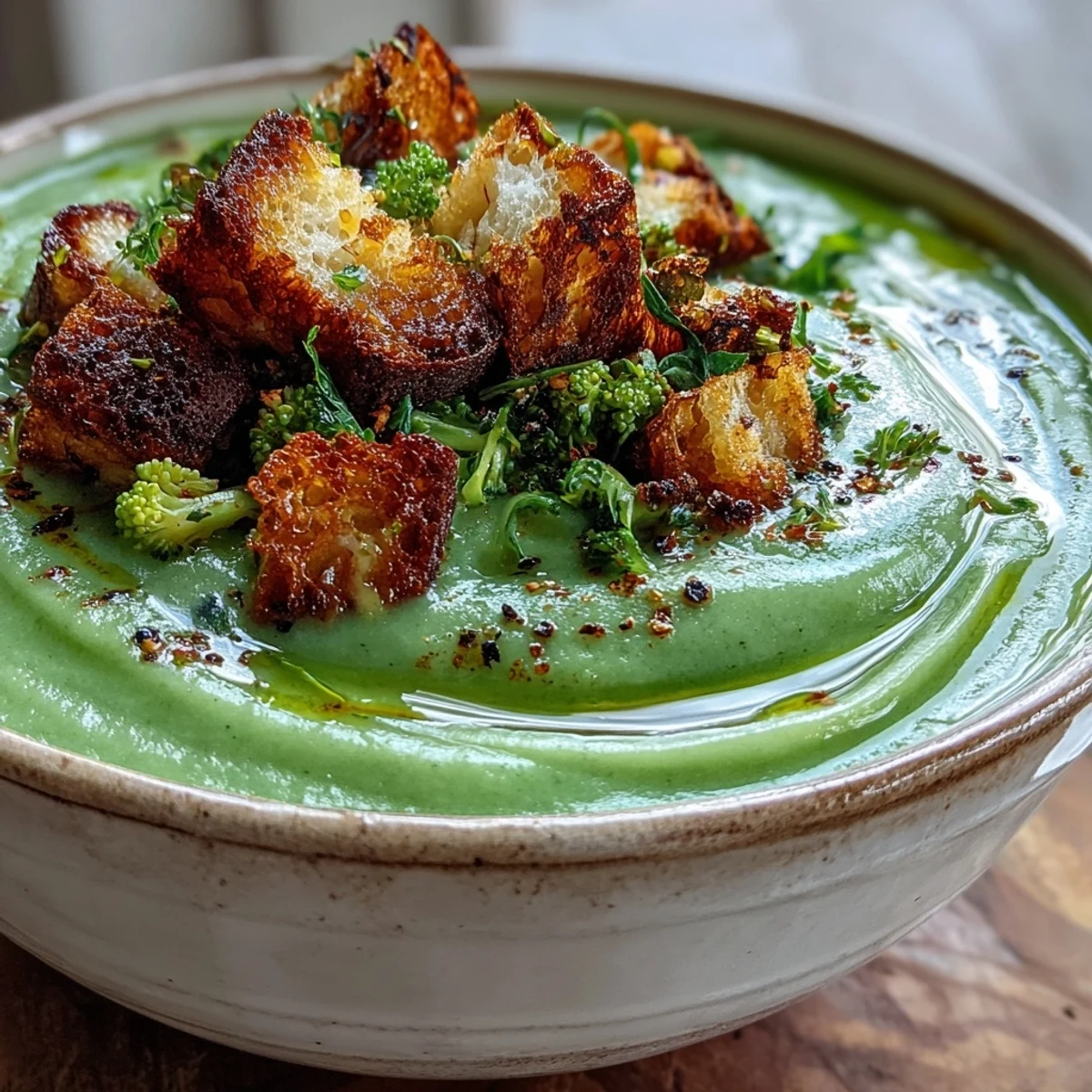 Creamy Cauliflower and Broccoli Soup steaming in a white bowl, topped with golden, crispy homemade croutons.