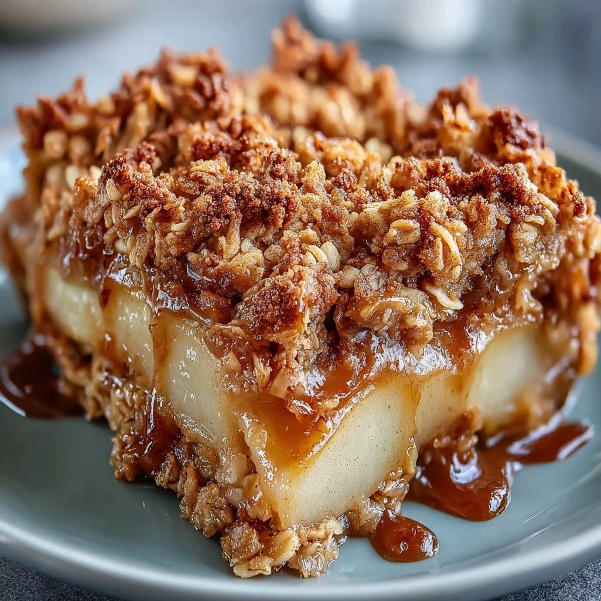 Warm Pear Crumble with vanilla ice cream melting over the golden, crunchy oat topping.