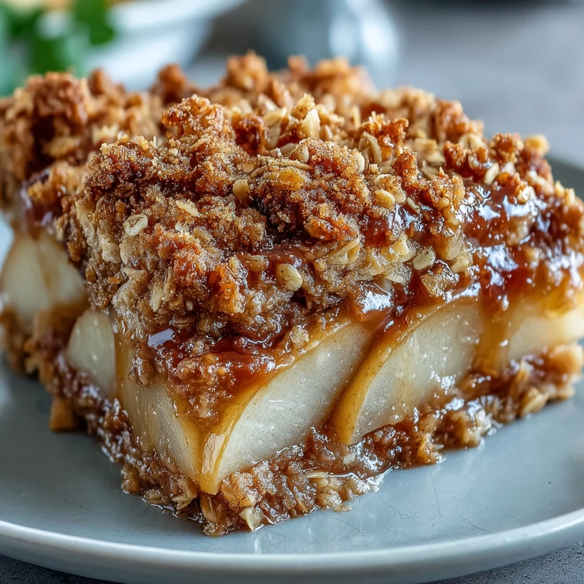 Rustic Pear Crumble served in a skillet, featuring tender, juicy pears beneath a crisp topping.