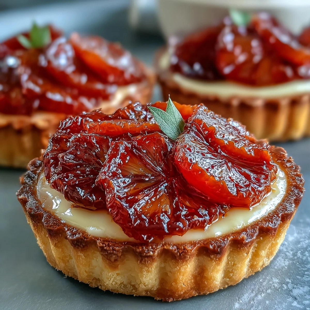 Six individual Blood Orange Tarts topped with vibrant fruit segments, resting on a rustic wooden serving board.