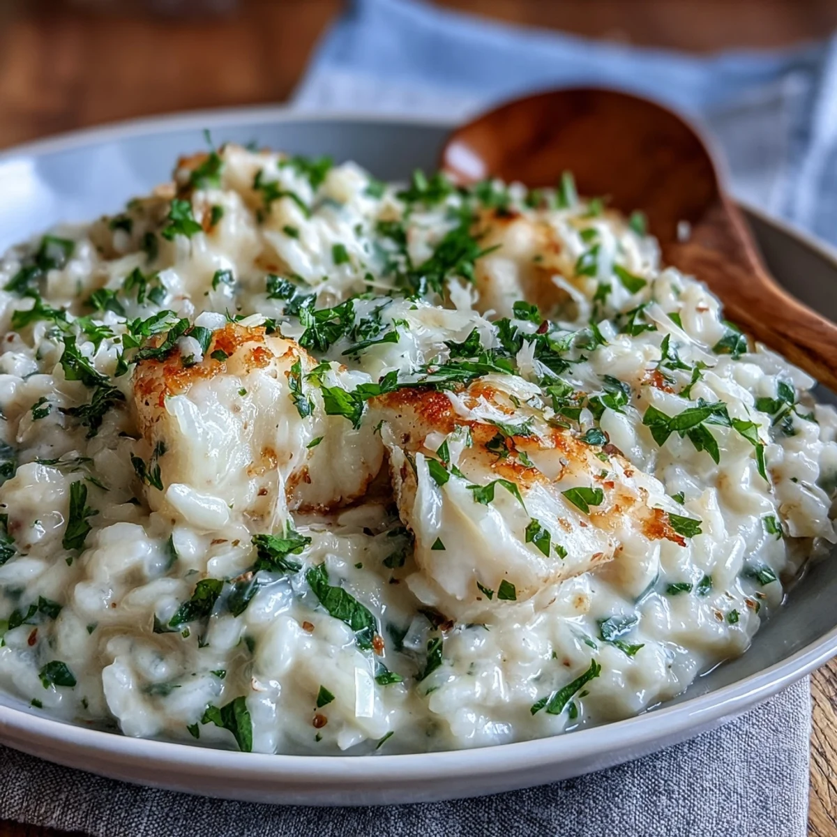 Creamy Smoked Haddock Risotto served warm in a white bowl, topped with fresh parsley and lemon zest.