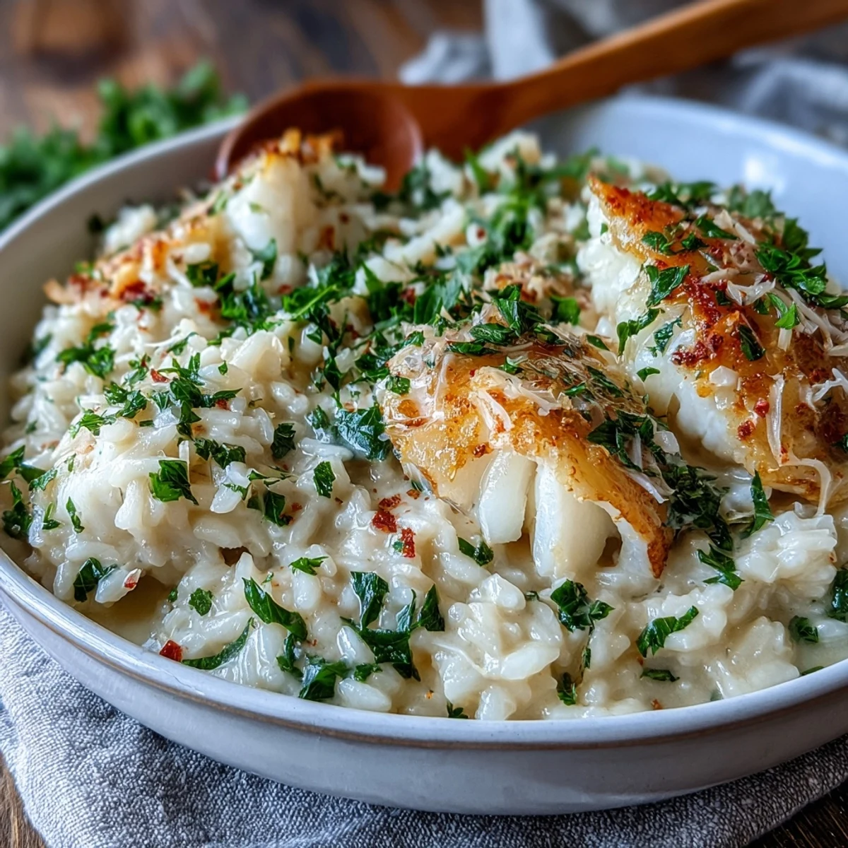 Savory Smoked Haddock Risotto finished with grated Parmesan and a drizzle of olive oil on top.
