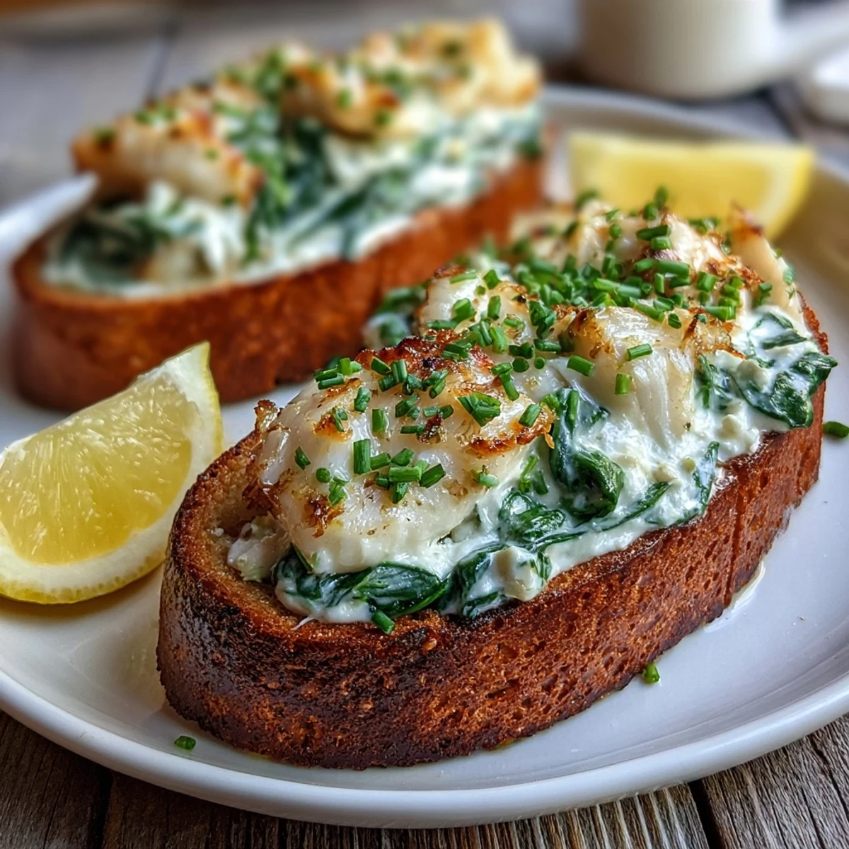 Golden, crisp rye toasts topped with flaky smoked haddock and vibrant wilted spinach, finished with creamy crème fraîche and fresh chives.