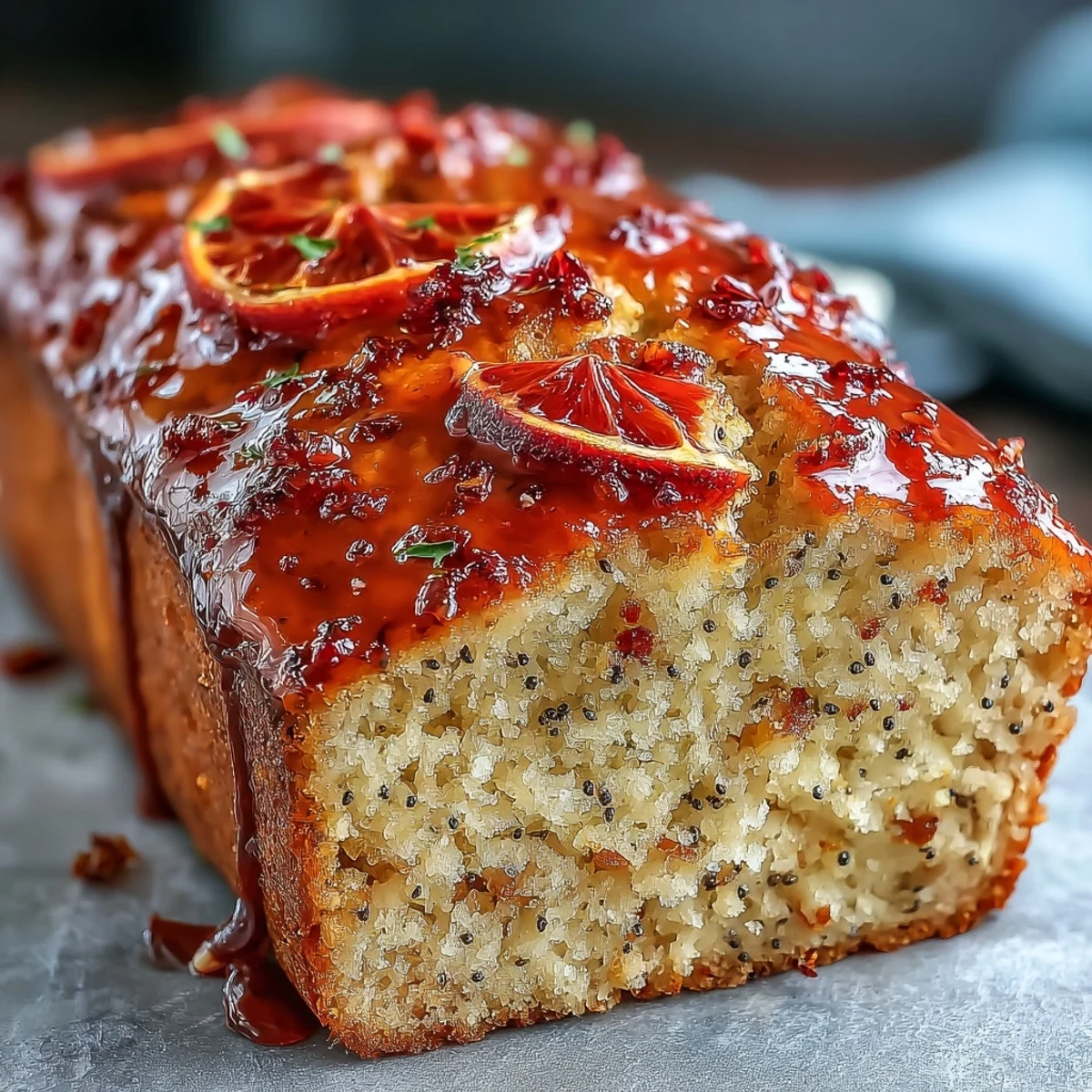 Freshly baked Blood Orange Loaf Cake with poppy seeds, showing a moist crumb and ruby-red glaze dripping down the sides.