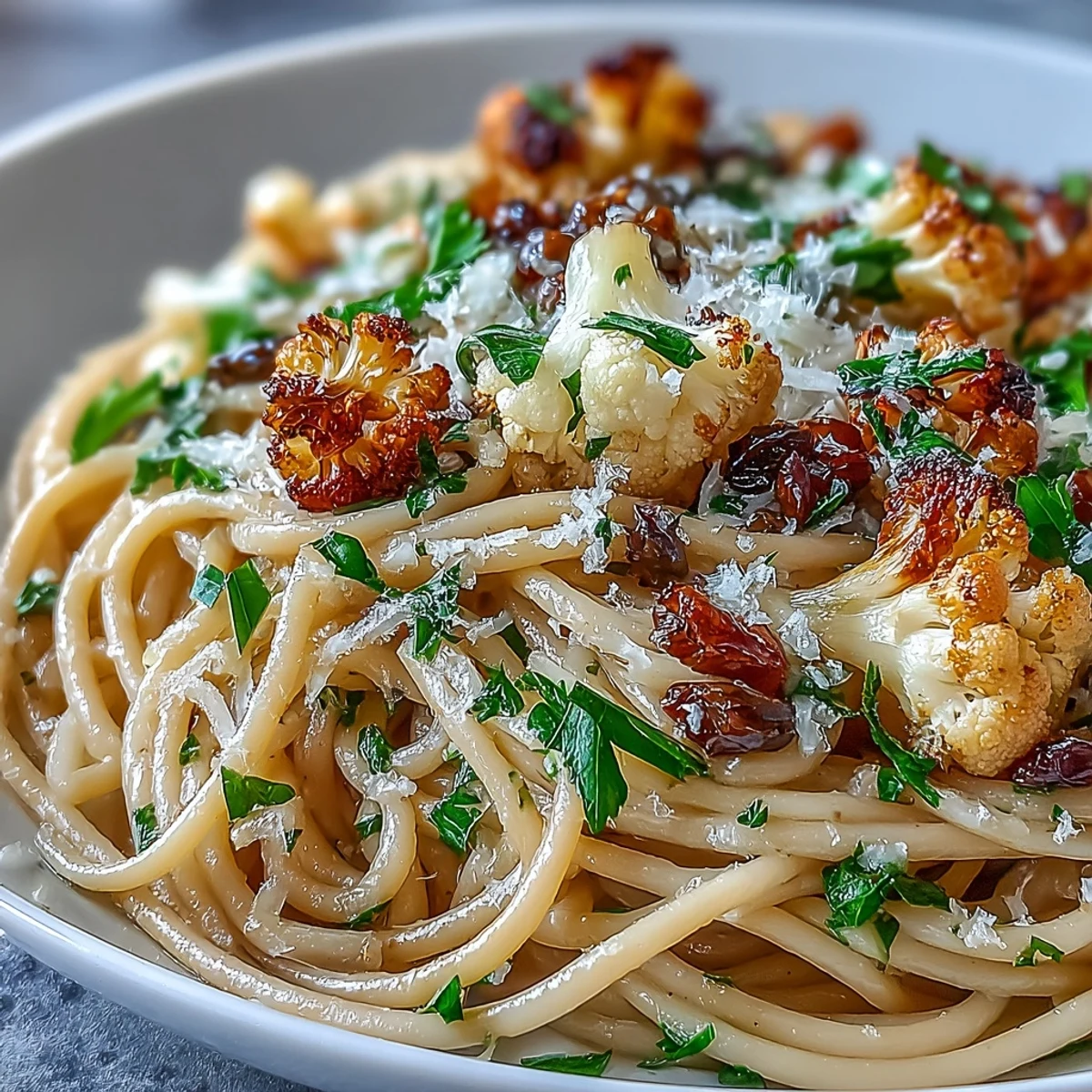 Savory anchovy sauce clings to al dente spaghetti, topped with roasted cauliflower and raisins.