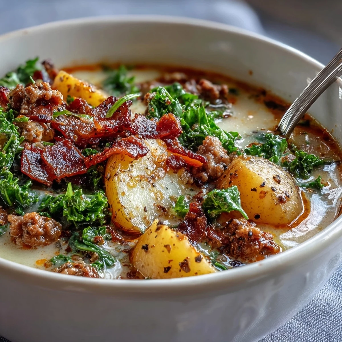 Steaming bowls of Italian Sausage Soup with creamy broth, tender potatoes, and fresh kale.