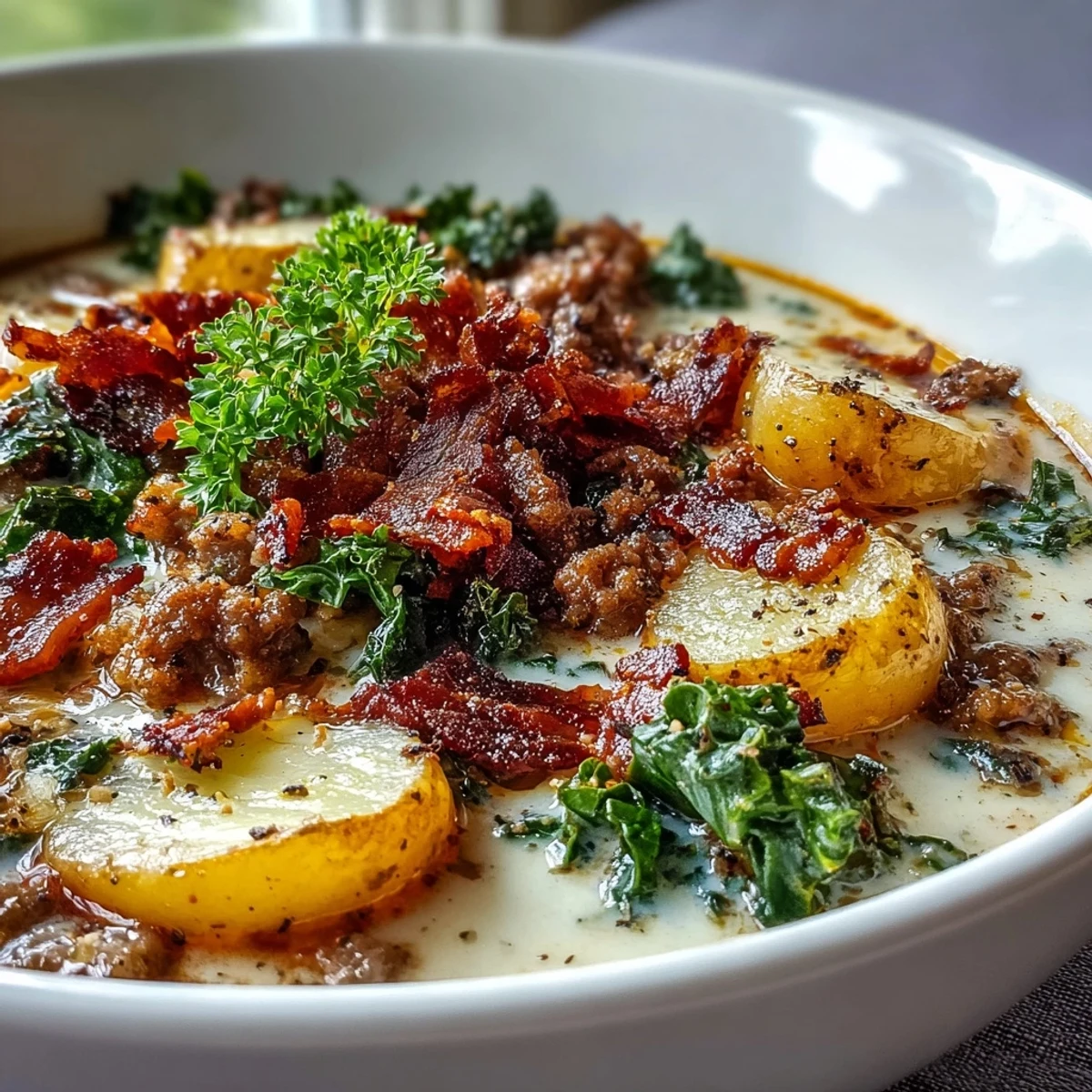 Close-up of Italian Sausage Soup featuring savory sausage crumbles and wilted greens in a rich stew.
