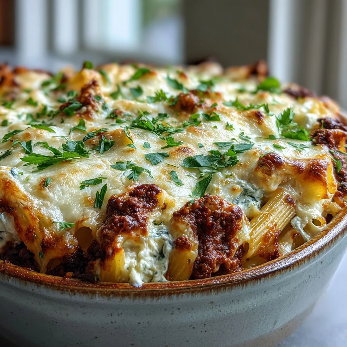 Golden, bubbling Cottage Cheese Protein Pasta Bake with Ground Beef served in a white dish, steam rising, garnished with fresh parsley. 