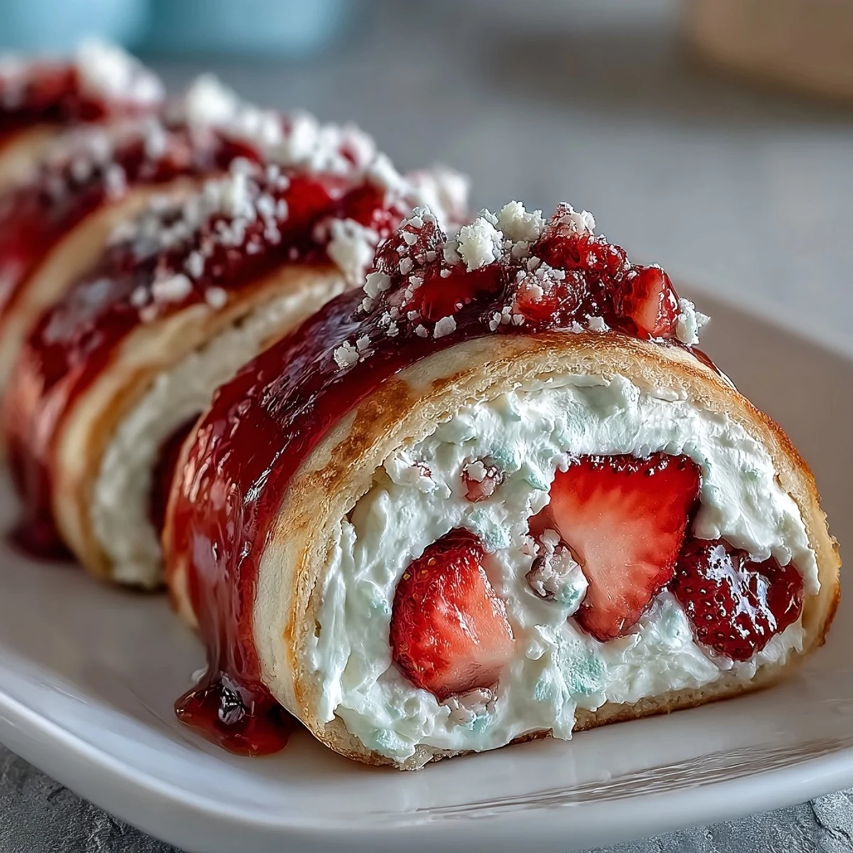 Golden crepe spirals filled with whipped cream and fresh strawberry slices, drizzled with white chocolate for a stunning Strawberry Shortcake Sushi Roll dessert.