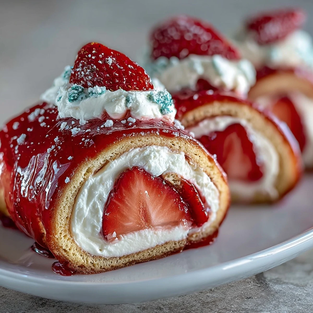 A slice of Strawberry Shortcake Sushi Roll reveals fluffy sponge cake layers and creamy filling, perfect for a whimsical afternoon tea party.