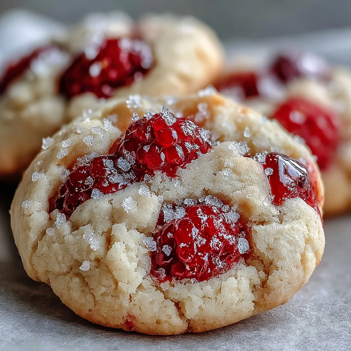 Fresh raspberries peek from a soft-baked cookie center, ready to serve with a glass of cold milk.