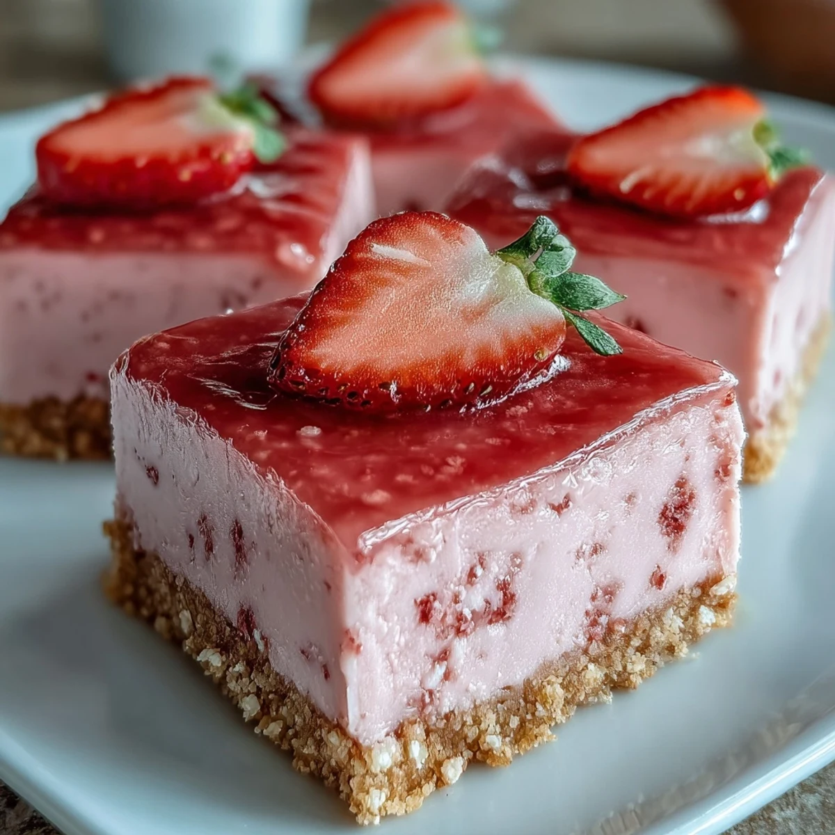 Vibrant pink No-Bake Strawberry Fudge Squares on a chilled graham cracker crust with fresh strawberry garnish.
