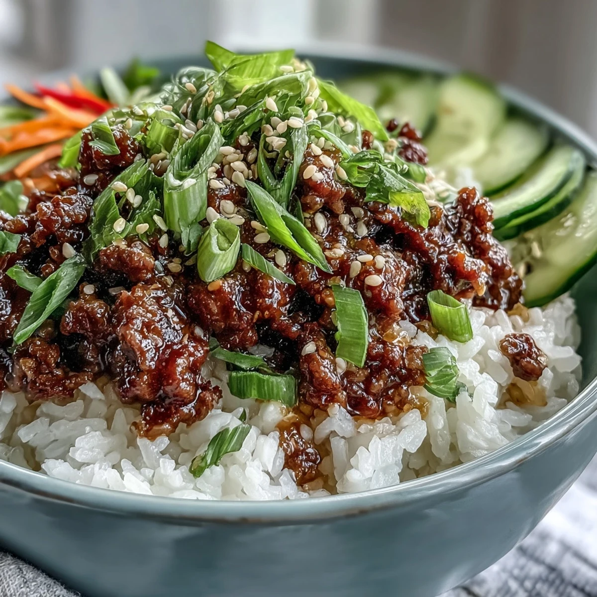 A close-up of Korean Ground Beef Bowl with savory beef, fluffy rice, and tangy pickled vegetables topped with sesame seeds and green onions.
