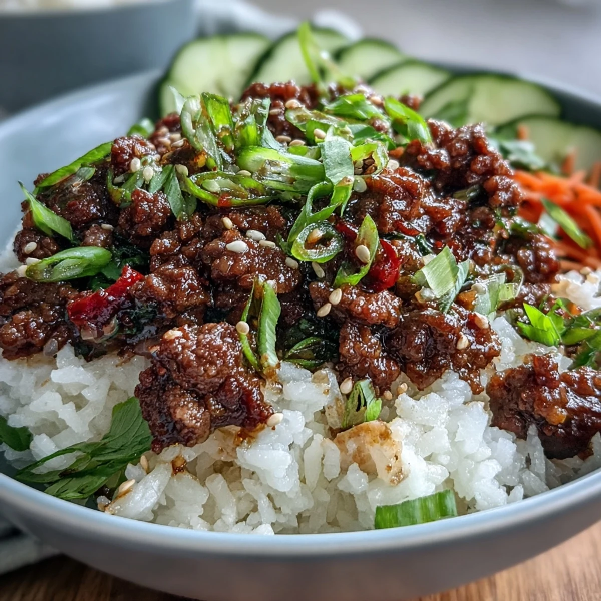 This easy Korean Ground Beef Bowl features seasoned ground beef, crisp carrots and cucumbers, and fresh green onions for a vibrant, healthy weeknight meal.
