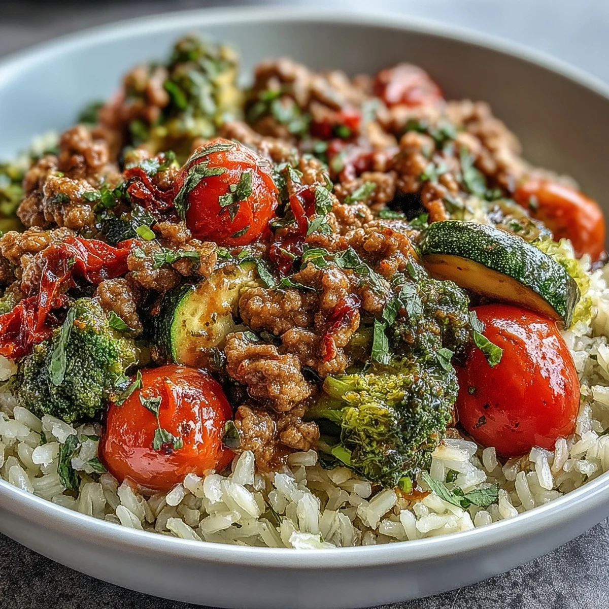 A close-up photo of the Ground Turkey Bowl garnished with avocado slices and fresh cilantro.