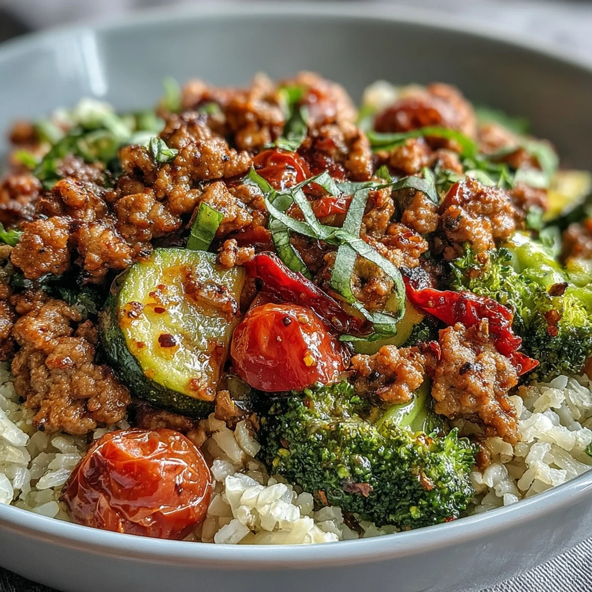 A hearty, healthy Ground Turkey Bowl featuring roasted vegetables and brown rice for a balanced meal.