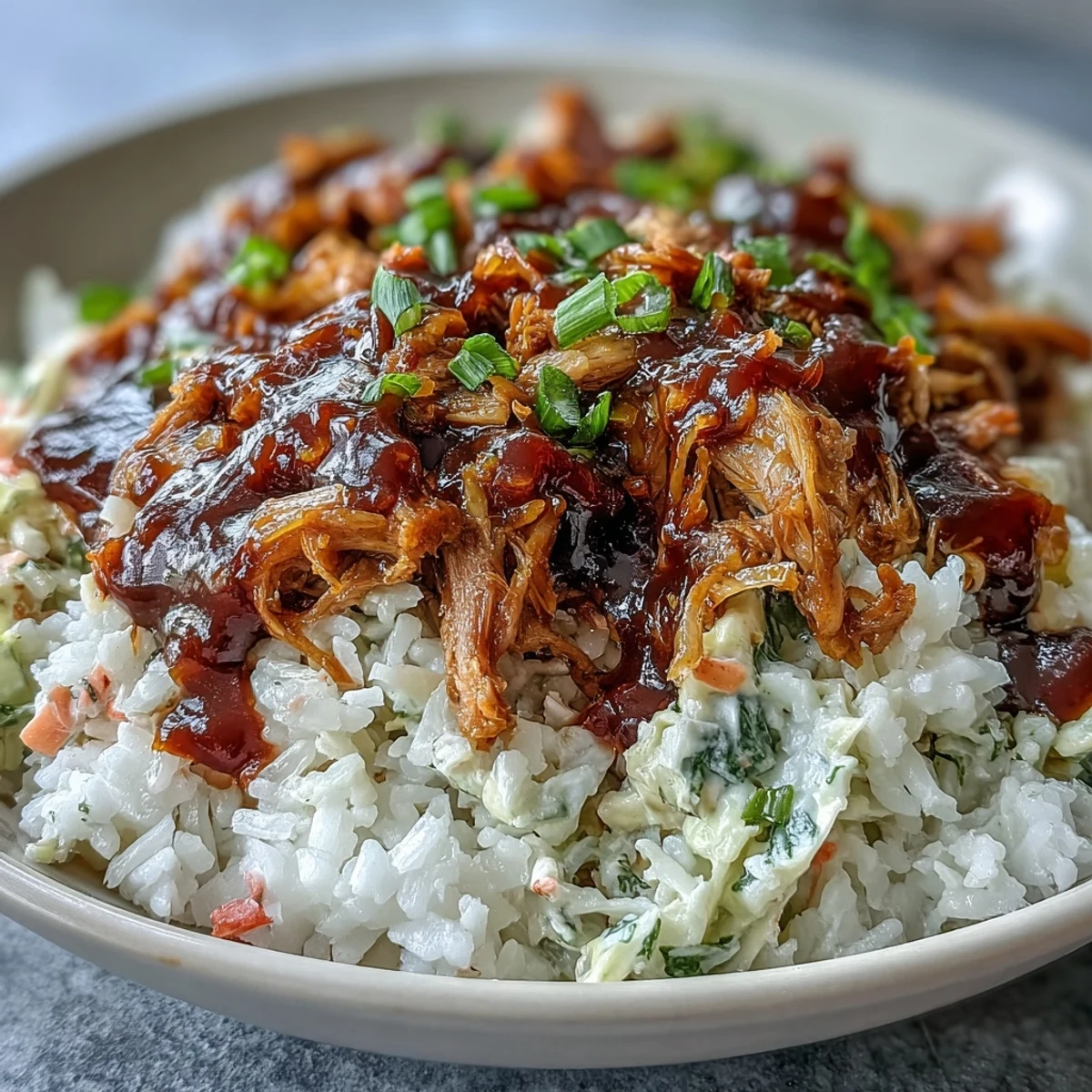 Tender, slow-cooked Pulled Pork Bowl with fluffy rice, tangy coleslaw, and smoky BBQ sauce ready to serve.